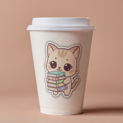 Kawaii Book Girl Cat Stickers · 20 Printbare Pastel Katjes met Witte Outline