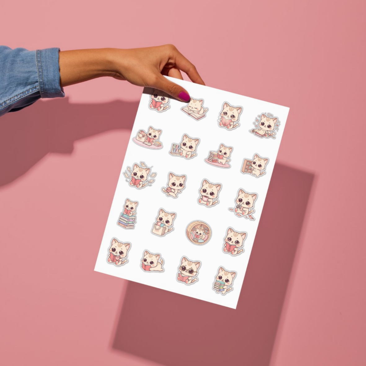 Kawaii Book Girl Cat Stickers · 20 Printbare Pastel Katjes met Witte Outline