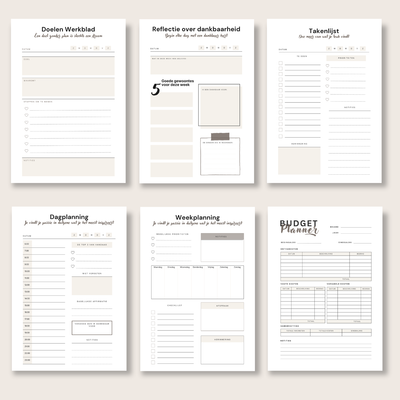 Printbare Planner Bundel Voor Kleine Ondernemers · 6 Printbare Werkbladen voor Doelen, Dankbaarheid, Planning & Budget (A4, PDF)